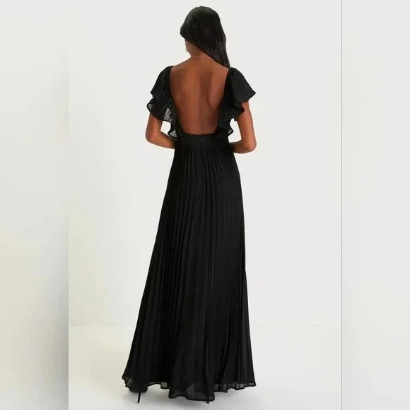 Lulu's Black Pleated Flutter Sleeve Backless Maxi Dress Wedding Party Guest NWT - Picture 5 of 14